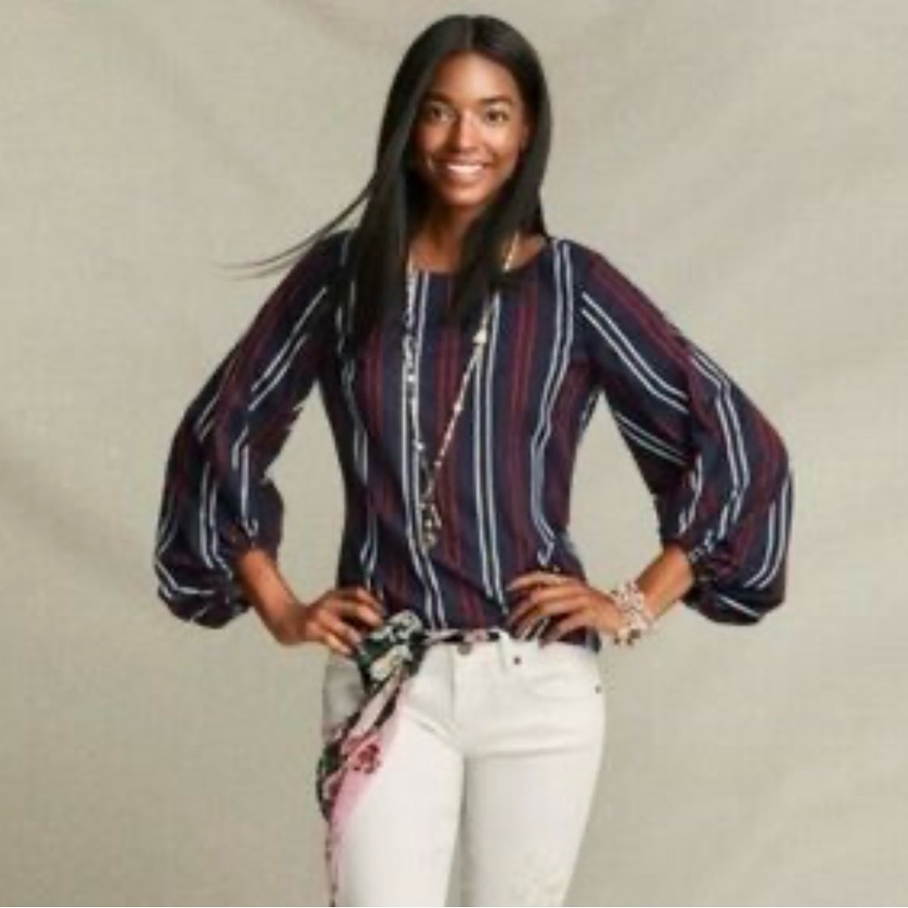 CAbi Navy Multi-Stripe Balloon-Sleeve Blouse